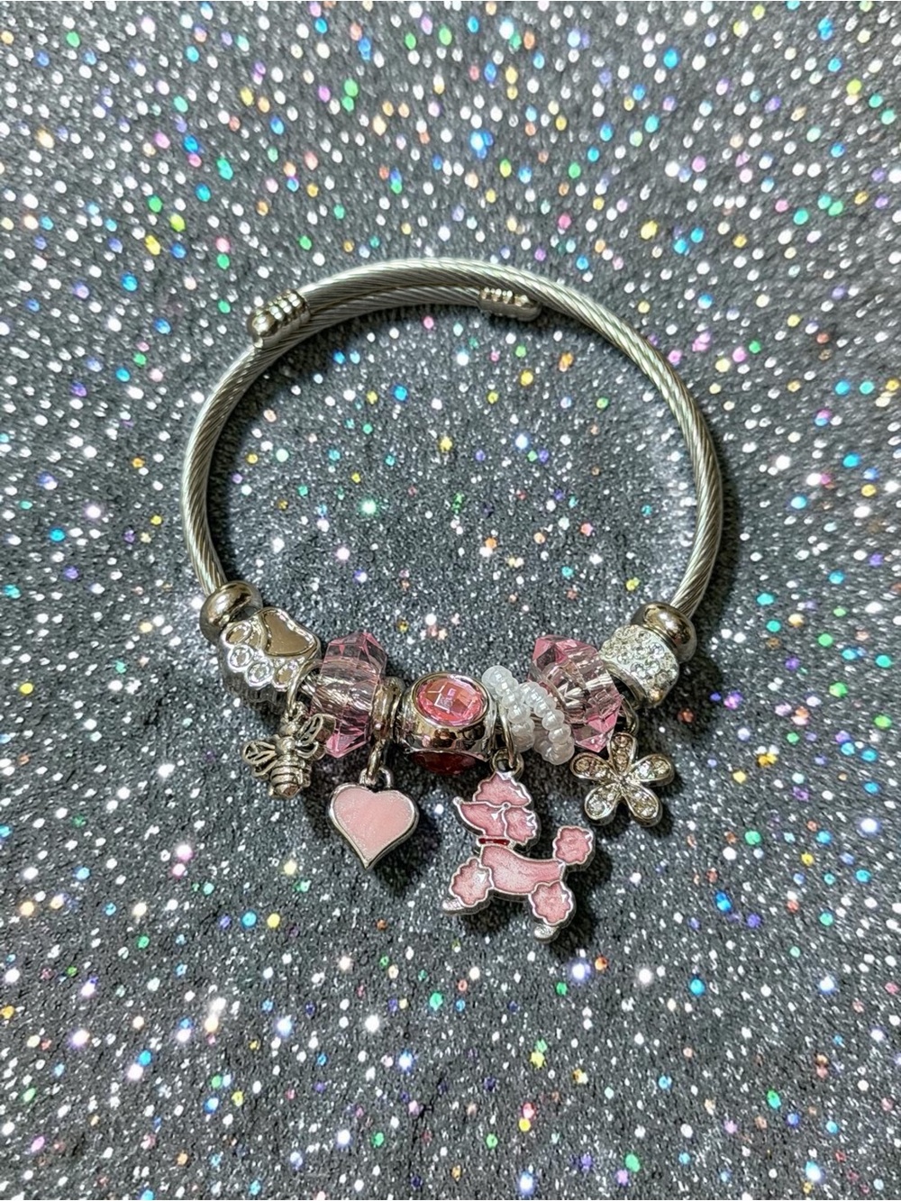 Pink Charm Adjustable Twisted Banglewith Enamel Heart & Poodle Charms